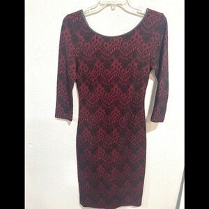 NEW YORK & CO STRECH black lace overlay red dress size XS